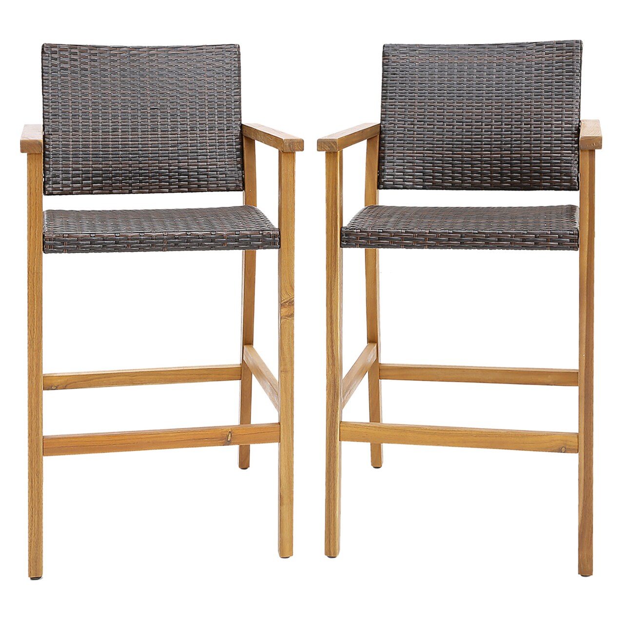 Patio Rattan Bar Stool Set Of 2 Outdoor Pe Wicker Bar Chairs W/ Armrests And Sturdy Footrests
